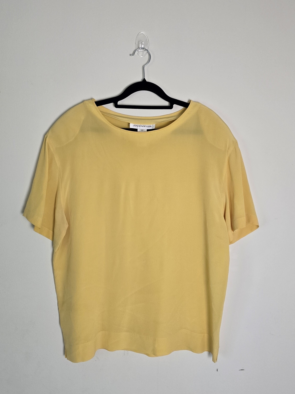 100% Silk Jones New York Yellow Round Neck Chiffon Short Sleeve Blouse Top 12
